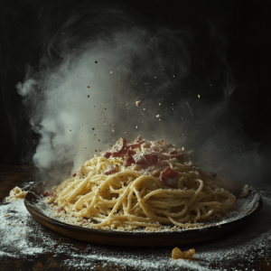 A plate of classic carbonara pasta topped with crispy guanciale and freshly grated Pecorino Romano cheese."