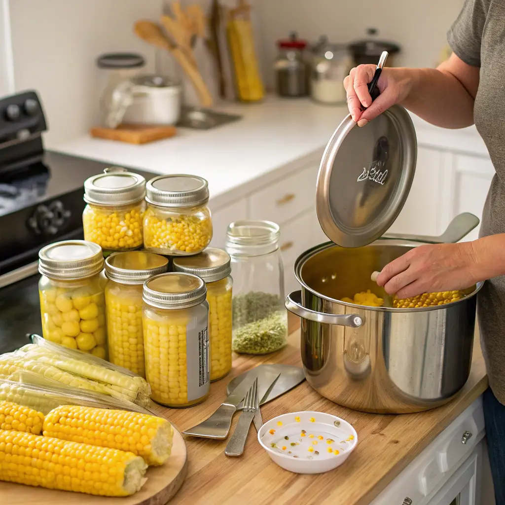 Image shows a person preparing canned corn in a kitchen. Various jars and cans of canned corn are visible on the counter, along with tools like a pot, utensils, and fresh corn cobs.