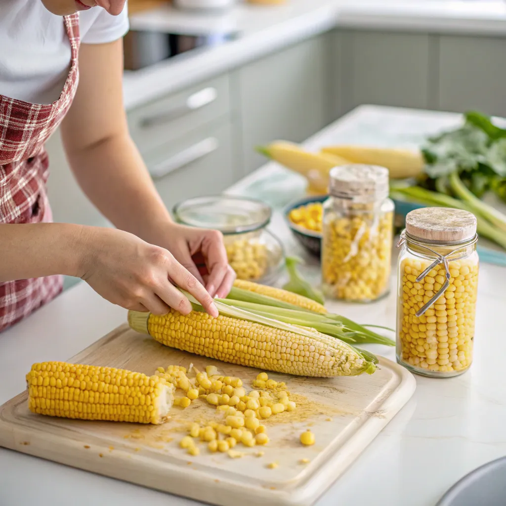 The image shows a person preparing fresh corn by cutting the kernels off the cob on a cutting board in a kitchen. Jars and cans of canned corn are visible in the background.