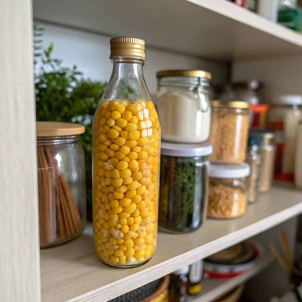 The image shows several glass jars on a wooden shelf, one of which contains corn kernels suspended in liquid.