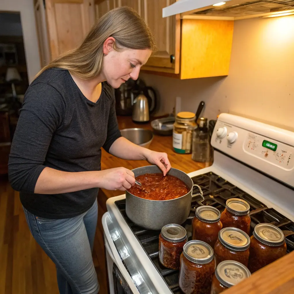 Person in a cozy kitchen preparing chili, stirring a pot on the stove with several jars of canned chili lined up nearby, showcasing a homey and hands-on cooking scene.