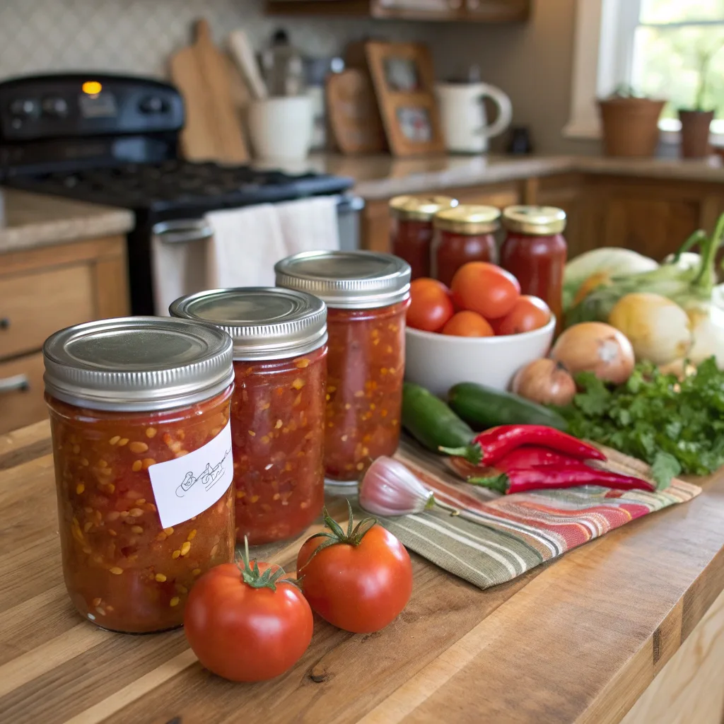 Freshly canned jars of homemade salsa displayed on a wooden countertop, surrounded by vibrant tomatoes, peppers, onions, and herbs, creating a warm and inviting kitchen scene.