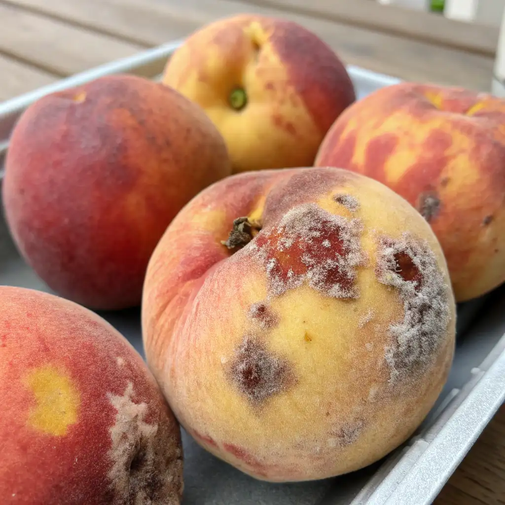 A basket of peaches with visible signs of mold and decay. The peaches exhibit dark spots, discoloration, and fuzzy patches, indicating they are not suitable for canning. These compromised fruits should be discarded to avoid the risk of botulism and spoilage in canned goods. Starting with fresh, high-quality produce is essential for safe and successful canning. 