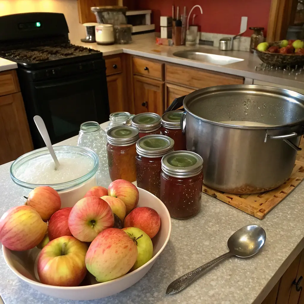 A charming kitchen setup showcasing the art of Canning Apples recipes, with a bowl of fresh apples, sealed jars of homemade preserves, and essential tools for successful canning.