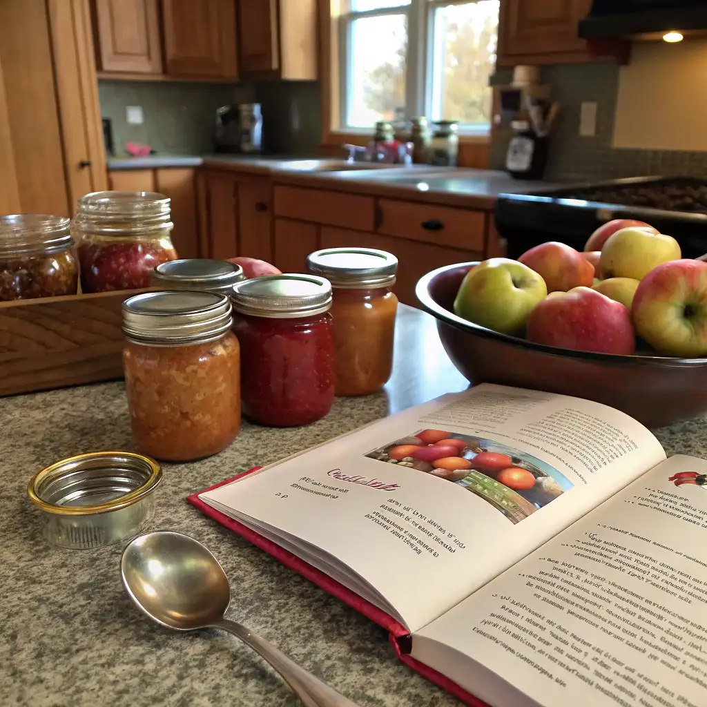 A warm and inviting kitchen setup featuring Canning Apples recipes, with freshly canned jars, a bowl of crisp apples, and an open cookbook guiding the process.