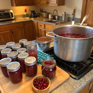 A kitchen counter showing cranberry canning in progress: a large stainless steel pot with cranberry sauce cooking on the stove, multiple filled mason jars with metal lids arranged on a wooden cutting board, and a small wooden bowl containing fresh cranberries. The kitchen has honey-colored oak cabinets and gray countertops, with various kitchen appliances visible in the background. A green checkered towel is visible near the stove.