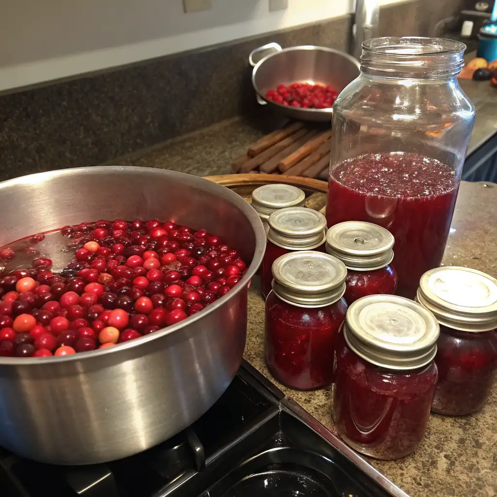 A stovetop scene showing cranberry processing: a large stainless steel pot filled with fresh cranberries in liquid on the burner, and several mason jars filled with deep red cranberry juice or sauce lined up on the counter. Some cinnamon sticks are visible in the background. The countertop appears to be a dark granite or stone surface.