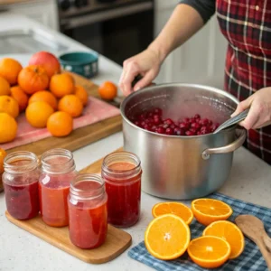 Homemade cranberry orange juice canning process: hands stirring fresh cranberries in a large stainless steel pot, mason jars filled with various shades of cranberry juice, fresh oranges on a wooden cutting board, and sliced oranges on a blue cloth. Kitchen counter setup shows ingredients and equipment for making and preserving cranberry-orange juice blend.