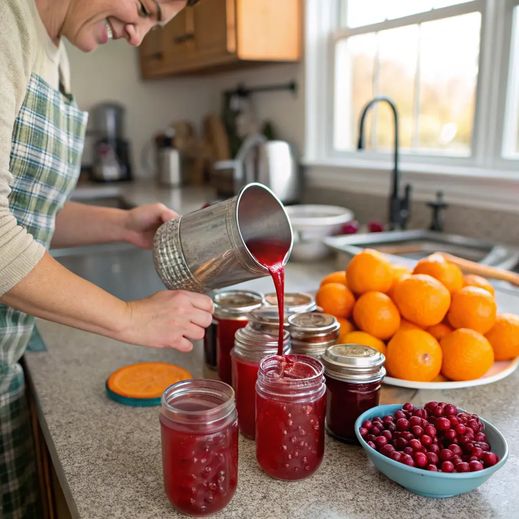 DIY cranberry orange juice canning: Person in plaid apron pouring fresh cranberry juice into mason jars, with a plate of fresh oranges and bowl of whole cranberries on granite countertop. Home canning process showing juice preservation technique in bright, natural-lit kitchen with sink in background.