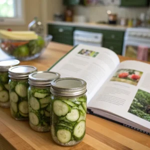 Jars of freshly pickled cucumbers lined up on a wooden table, with an open cookbook in the background and a bowl of prepared cucumbers nearby.