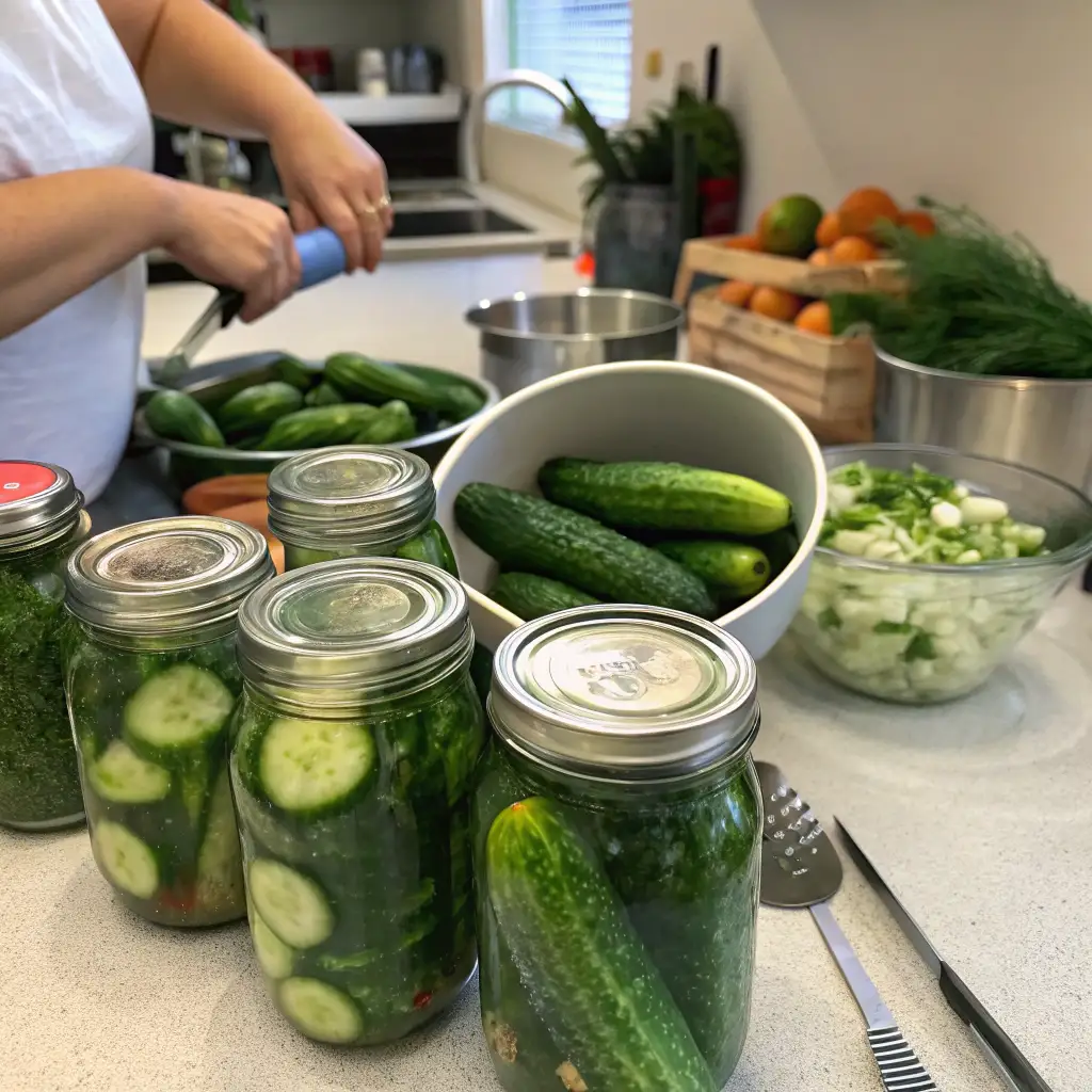 A person preparing cucumbers for canning at home. Several jars filled with pickled cucumbers are in the foreground, while fresh cucumbers and other ingredients are arranged on the kitchen counter.