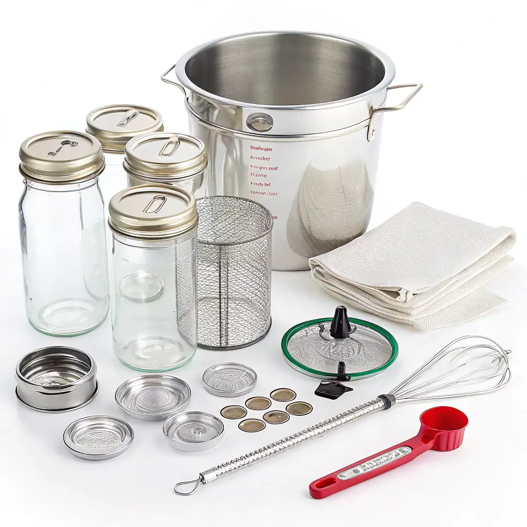 A collection of essential canning tools neatly arranged on a white background. The set includes several glass mason jars with metal lids and bands, a large stainless steel pot with measurement markings, a wire mesh strainer, a stack of cloth bags, a green-lidded funnel, a whisk, a red measuring cup, a thermometer, and various sizes of jar rings and lids. These tools are designed to facilitate the safe and efficient process of home canning.