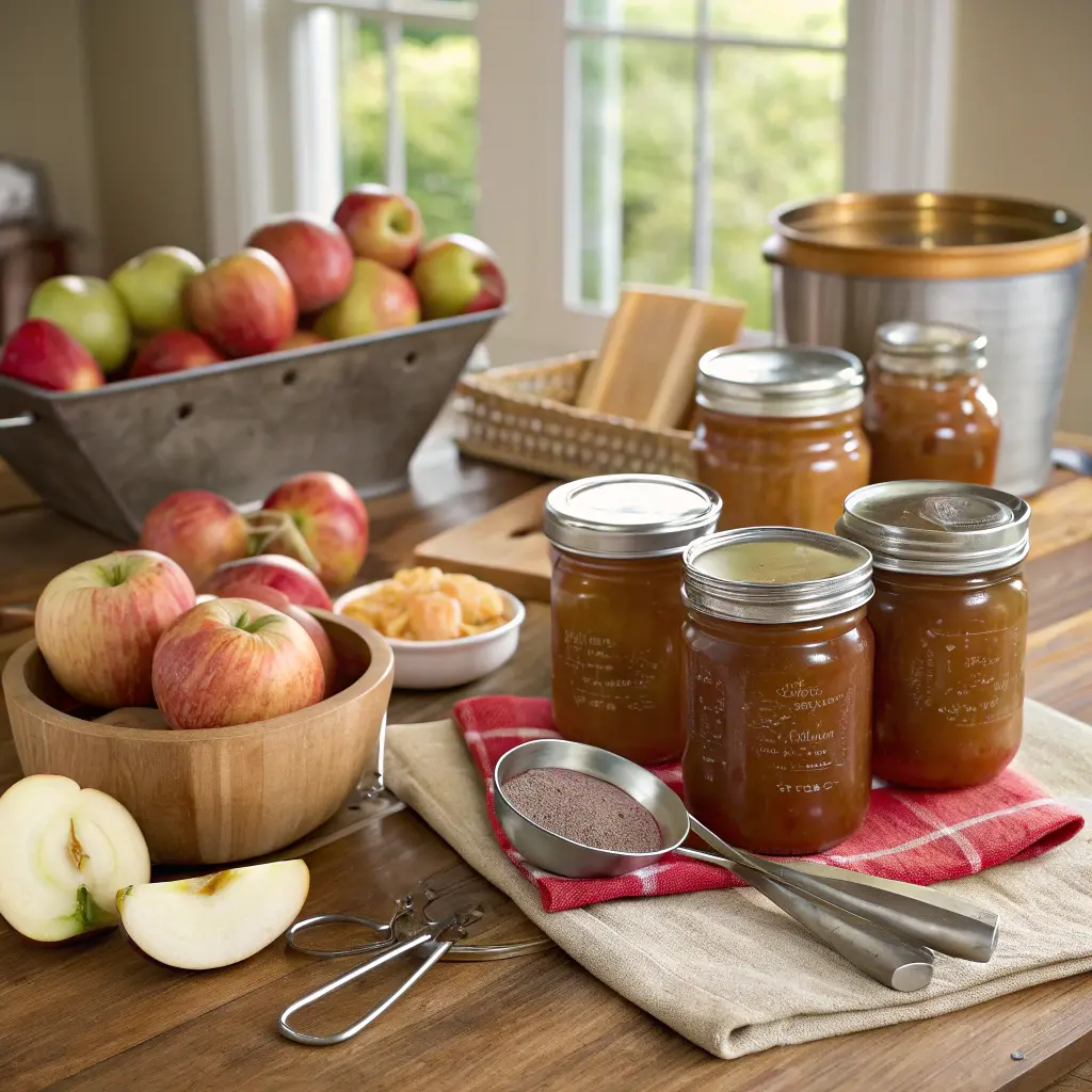 A cozy kitchen setup featuring Canning Other Apple Products, with fresh apples, sealed jars of preserves, and essential tools for successful canning.