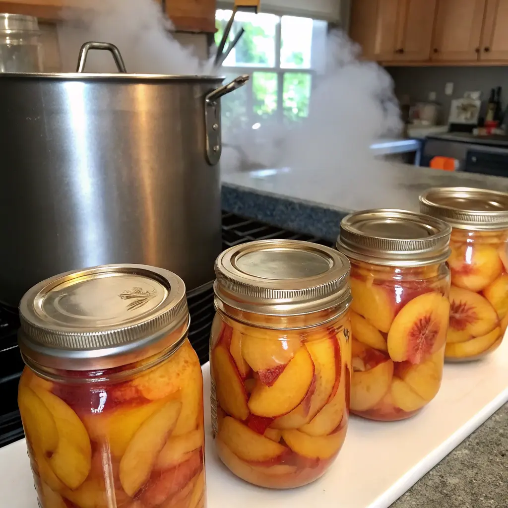 A kitchen scene featuring freshly canned peaches. Several glass jars filled with sliced peaches are lined up on a white tray, their golden hues and red streaks vividly visible through the clear glass. The jars have metal lids, some sealed and others still open. In the background, a large stainless steel pot sits on the stove, emitting steam, indicating the canning process is underway. The kitchen has wooden cabinets and a window letting in natural light, creating a warm and homely atmosphere.