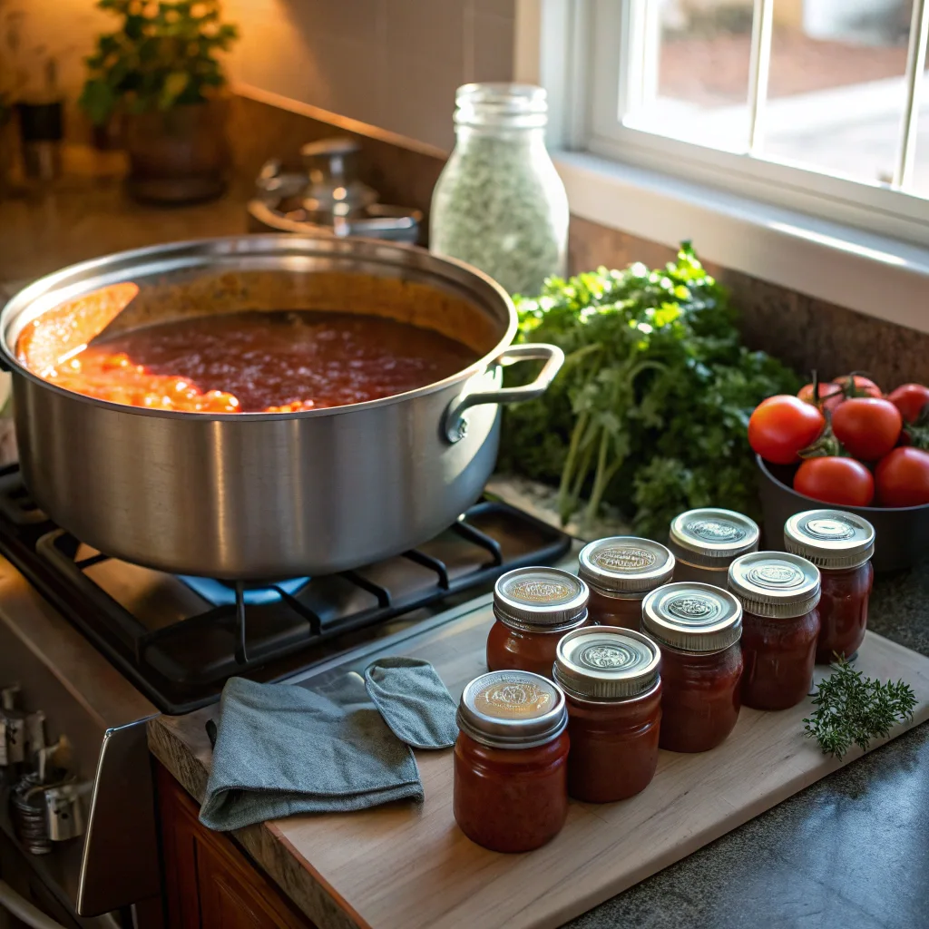 A cozy kitchen scene featuring the process of canning spaghetti sauce. A large stainless steel pot filled with simmering tomato sauce sits on a gas stove, emitting a warm glow. Next to the stove, several glass mason jars filled with freshly canned sauce are neatly arranged on a wooden cutting board. The jars have metal lids and bands, indicating they have been properly sealed. In the background, fresh ingredients like tomatoes, herbs, and leafy greens are visible, adding to the homely atmosphere. The image captures the essence of homemade food preservation, highlighting the care and effort put into creating delicious, long-lasting meals.