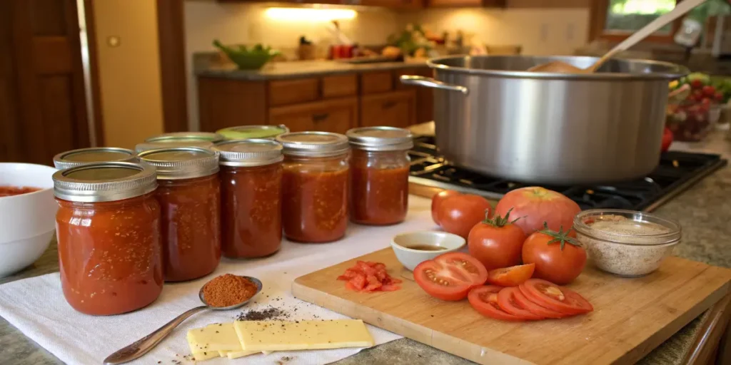 Freshly sealed jars of homemade tomato soup sit on a kitchen counter, surrounded by ingredients like sliced tomatoes, spices, and cheese, illustrating The Canning Process Step-by-Step. This setup highlights the preparation stage before storing your canned tomato soup jars at home.