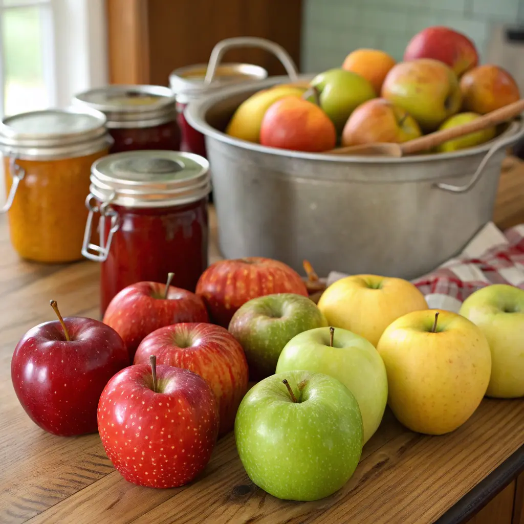 A rustic kitchen setup highlighting the importance of Choosing the Right Apples for Canning, with fresh red and green apples, sealed jars of preserves, and a bucket full of apples ready for use.