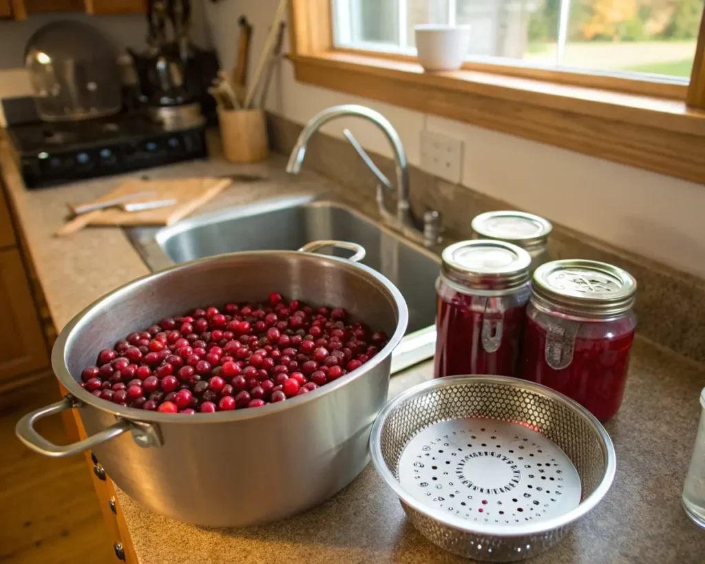 A kitchen counter scene showing fresh cranberries in a large stainless steel pot, a metal colander, and two mason jars filled with dark red liquid (likely cranberry juice or sauce) near the sink. The kitchen has natural lighting from a window and appears to be a home setting with a granite or stone countertop.