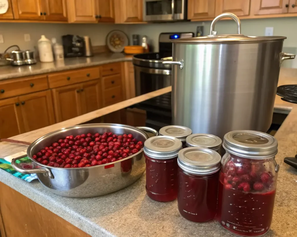 A kitchen countertop scene showing cranberry canning in progress: a large bowl of fresh cranberries, several mason jars filled with dark red cranberry juice or sauce, and a large stainless steel canning pot in the background. The kitchen has honey-colored oak cabinets and beige countertops, with various appliances visible in the background.