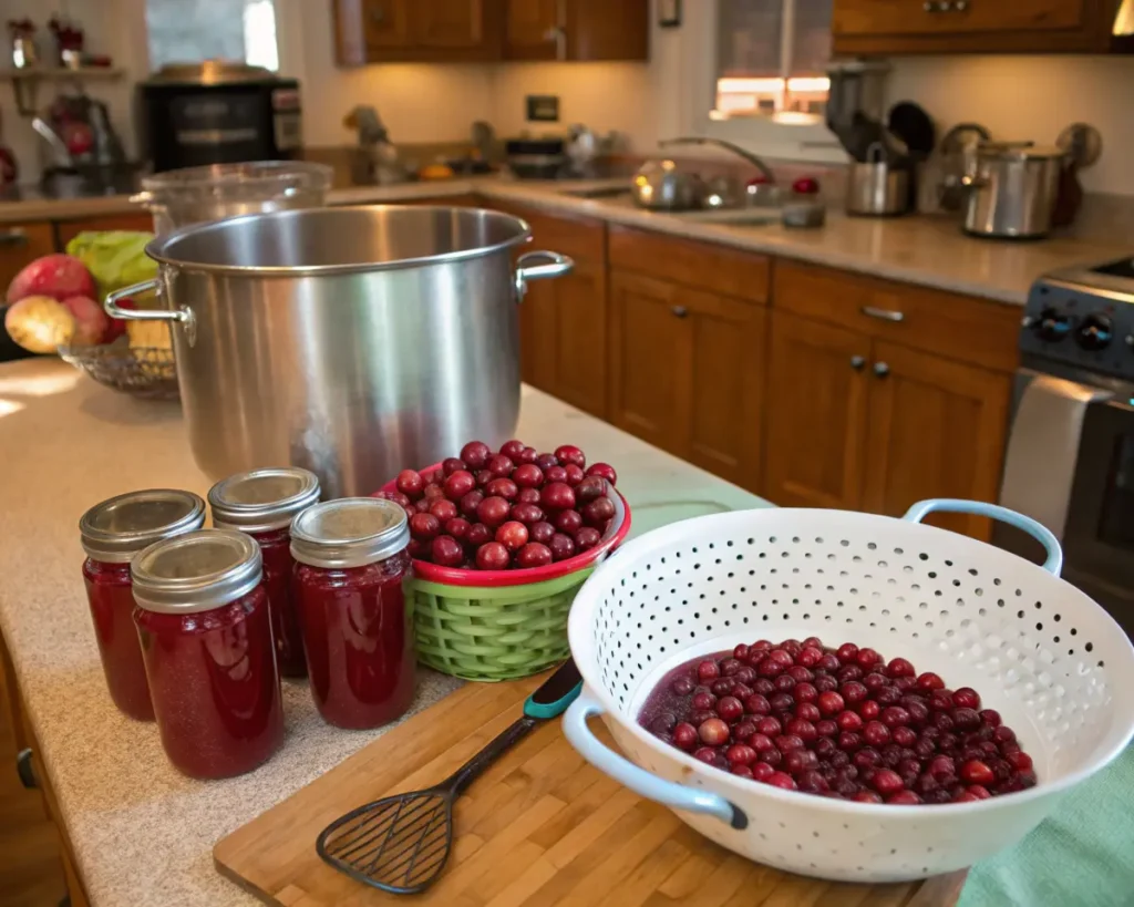 A kitchen countertop scene showing cranberry canning in progress: a large stainless steel pot, four mason jars filled with dark red cranberry juice, fresh cranberries in both a white colander and a green basket, and a wooden cutting board with a cooking utensil. The kitchen has oak cabinets and beige countertops with natural lighting showing various kitchen appliances in the background.