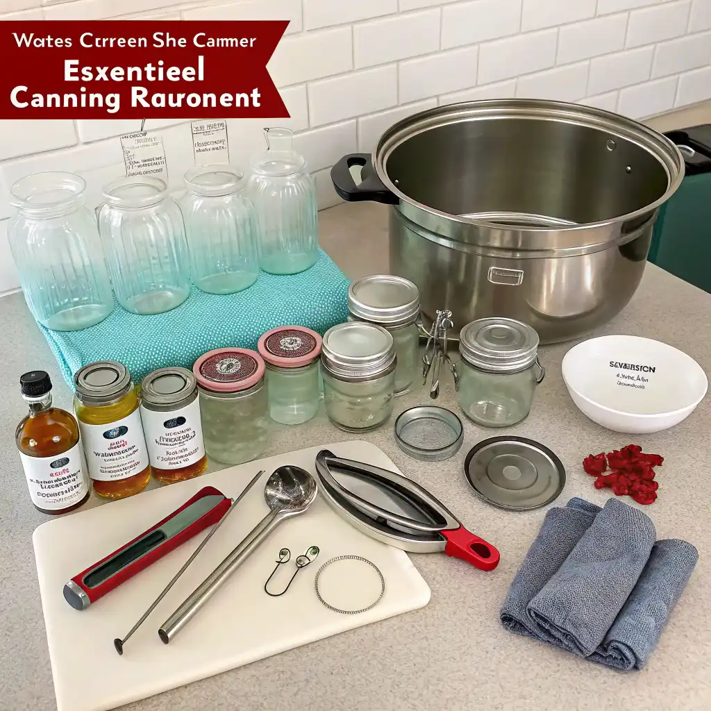 An organized display of essential canning equipment and supplies, including glass jars, lids, a water bath canner, jar lifter, measuring tools, clean towels, and finished preserves, perfect for Canning Apples recipes and other preserving projects.