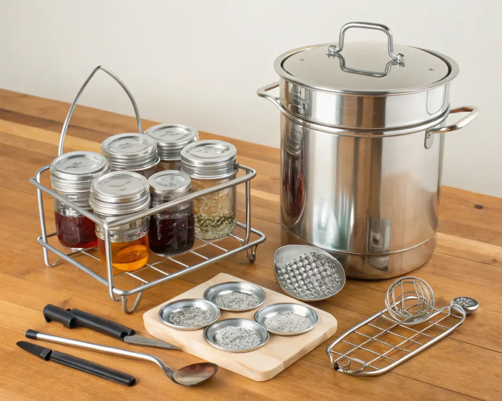 A collection of canning equipment arranged on a wooden table, including: a large stainless steel pot with lid, several Mason jars with metal lids in a wire carrier rack, canning tools like tongs and a large spoon, metal jar lids arranged on a wooden board, and various wire racks and holders. Some of the Mason jars contain different colored preserves ranging from clear to dark red.