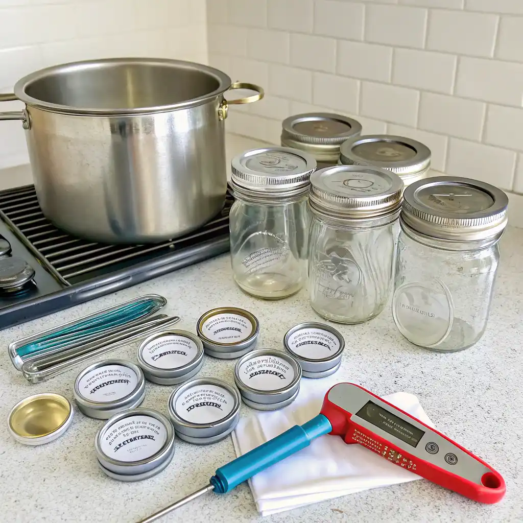 Essential canning equipment laid out on a kitchen counter, including glass jars with lids, a water bath pot, a digital thermometer, a bubble remover, and a headspace tool.