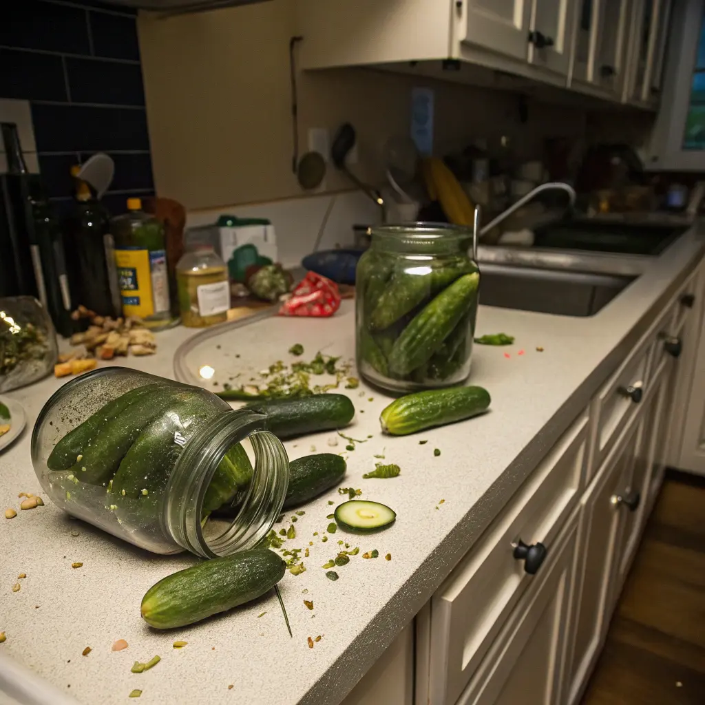 A messy kitchen counter with cucumbers and jar contents spilled, illustrating a failed attempt at canning cucumbers. This highlights common mistakes to avoid, such as improper sealing or handling of jars.