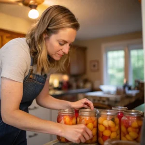 A woman with long blonde hair, wearing a white t-shirt and blue denim overalls, is carefully arranging jars of canned peaches on a kitchen counter. The jars are filled with vibrant yellow-orange peaches preserved in liquid. The kitchen has a warm, homey feel with soft lighting and a window in the background letting in natural light. This image captures the essence of traditional food preservation techniques, highlighting the care and attention to detail involved in canning fresh produce.