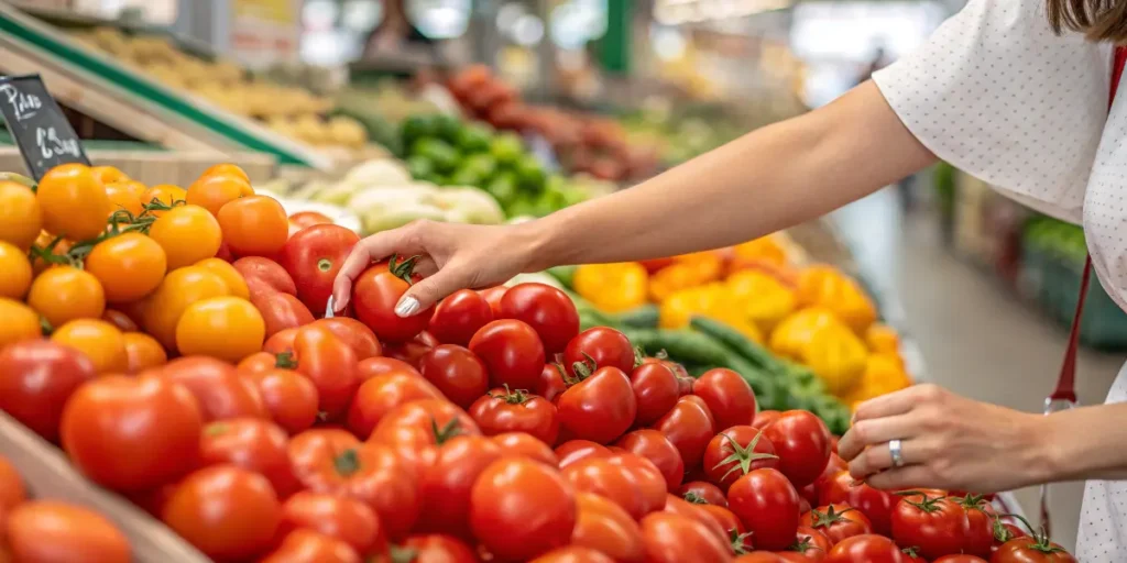 "A person carefully selects vibrant, ripe tomatoes from a grocery store display, emphasizing the importance of choosing the best tomatoes for making delicious tomato soup. The variety of fresh produce in the background highlights the abundance of options available.