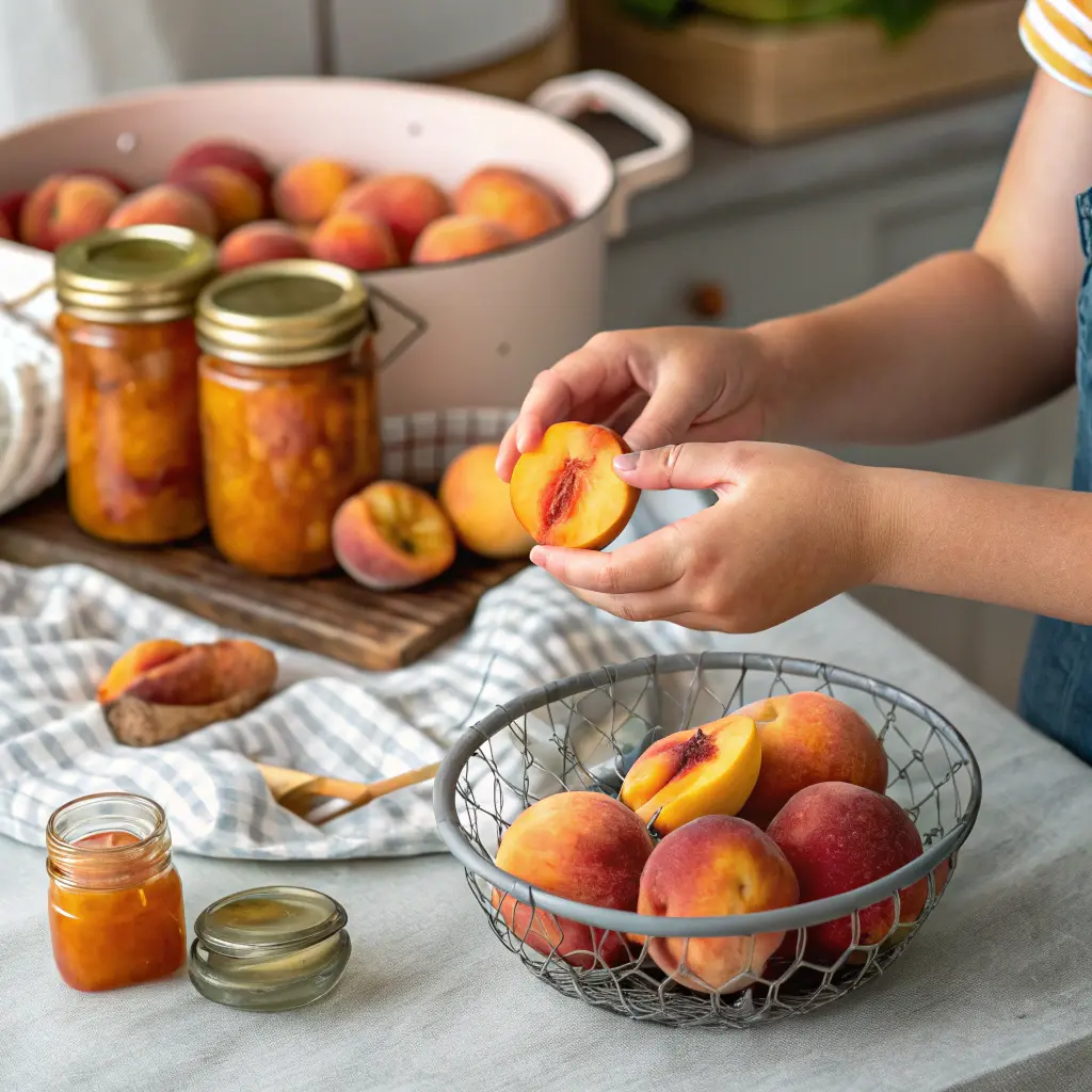 A person is carefully selecting and preparing peaches for canning. Their hands are shown holding a halved peach, examining its quality. In the background, there is a large pot filled with more peaches, along with several sealed jars of canned peaches on a wooden tray. A wire basket containing whole and sliced peaches sits on a checkered cloth, alongside a small jar of peach preserves and a spoon. The scene captures the meticulous process of choosing ripe, fresh peaches to ensure the best results for home canning. 