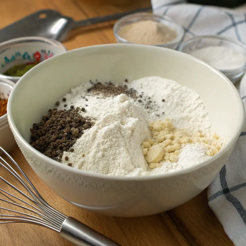 flour, baking powder, salt, and pepper in a bowl