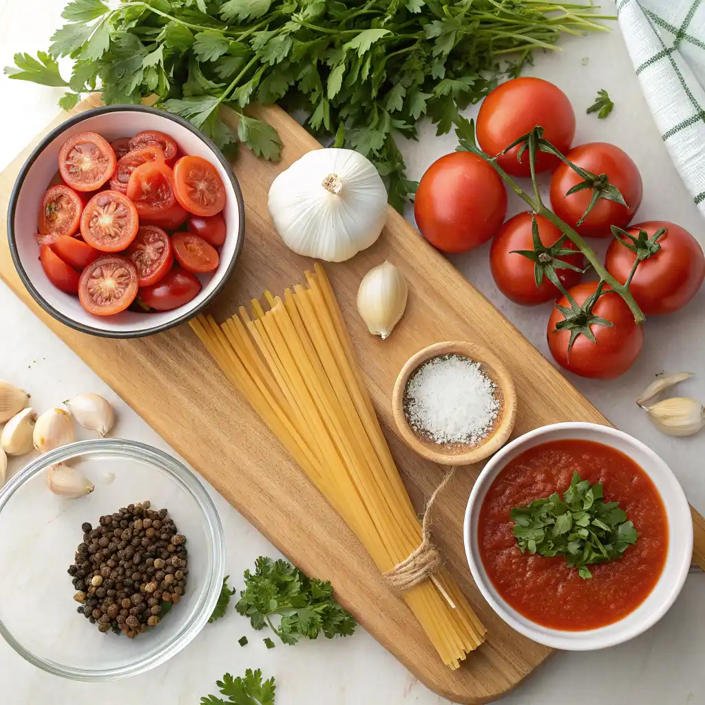 A beautifully arranged collection of fresh ingredients for making a delicious pasta dish. On a wooden cutting board, there are uncooked spaghetti noodles, a whole garlic bulb, and several cloves of garlic. A small bowl contains sliced cherry tomatoes, while another holds a vibrant red tomato sauce garnished with fresh parsley. Black peppercorns are in a glass bowl, and a small wooden dish is filled with coarse salt. Fresh parsley sprigs are scattered around the board, adding a touch of greenery. In the background, a bunch of fresh parsley and a cluster of ripe tomatoes on the vine complete the scene, creating an inviting and appetizing display perfect for cooking enthusiasts. 