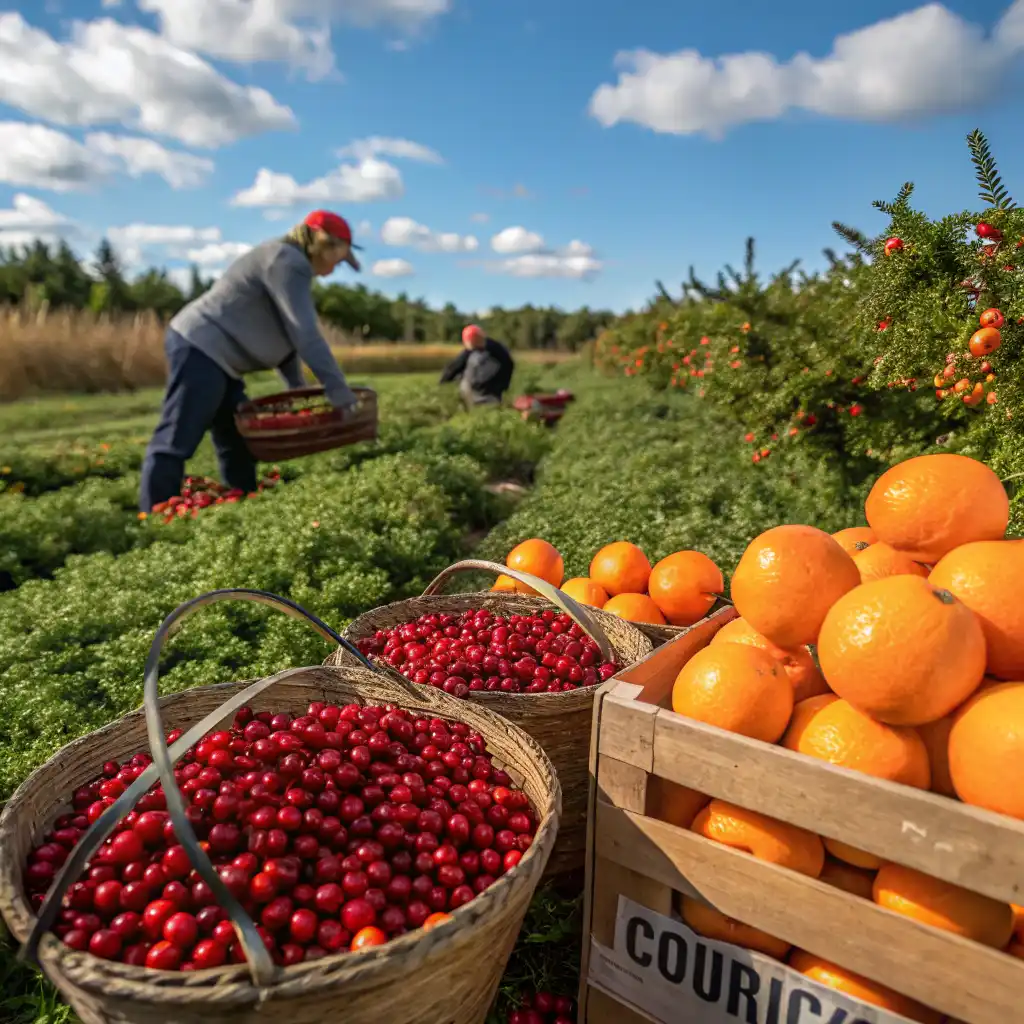 Fresh harvest scene: Woven baskets filled with ripe cranberries and wooden crate of Curic oranges in foreground, with farmers picking cranberries in background. Farm field under bright blue sky with white clouds, evergreen trees along horizon. Seasonal harvesting of fresh ingredients for cranberry-orange preserves and juice making.