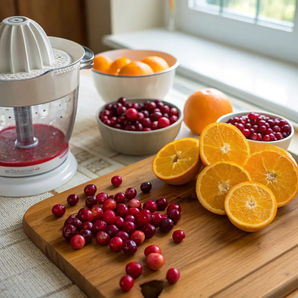 Cranberry orange juice preparation: Fresh ingredients on wooden cutting board - halved oranges and fresh cranberries, with electric juicer containing red juice. Additional cranberries and whole oranges in ceramic bowls in background. Natural window lighting highlights fresh fruit preparation for homemade juice making.