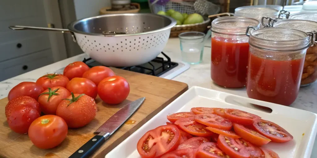 Fresh, ripe tomatoes are being prepared for canning. Whole tomatoes sit on a wooden cutting board next to a knife, while sliced tomatoes are arranged on a white tray. In the background, jars filled with canned tomato products are visible, illustrating the process of preparing tomatoes for canning.