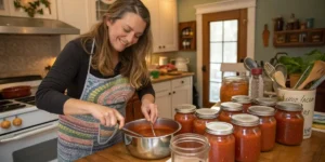 A woman in a colorful apron smiles as she stirs a pot of freshly made tomato soup in her kitchen. Surrounding her are several sealed jars filled with canned tomato soup, showcasing the process of canning tomato soup at home. The cozy and well-organized kitchen setting highlights the satisfaction and joy of preserving homemade food.