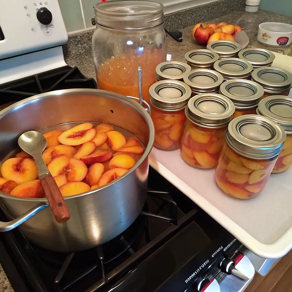 The image depicts the process of canning peaches in a kitchen setting. A large stainless steel pot on the stove is filled with sliced peaches and liquid, likely sugar syrup or water, which is being heated. A wooden-handled spoon rests inside the pot, indicating that the peaches are being prepared for packing into jars. To the right of the stove, several glass mason jars are lined up, some already filled with peaches and sealed with metal lids, while others are ready to be filled. The scene captures the intermediate stage of the canning process, where the peaches are being cooked and then transferred into sterilized jars before sealing and processing. 