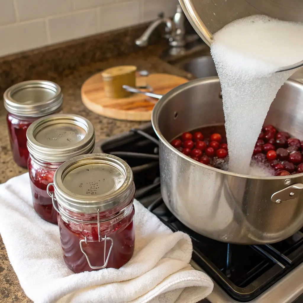 Sugar is being poured into a pot of red cranberries on the stove. Jars of finished cranberry sauce sit nearby, ready to be enjoyed. The kitchen feels warm and cozy, like a fun cooking day!