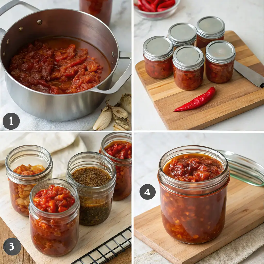 Step-by-step process of canning chili: (1) Cooking the chili in a pot, (2) Sealing the cooked chili into jars, (3) Adding spices to enhance flavor, and (4) The final preserved chili ready for storage or serving.