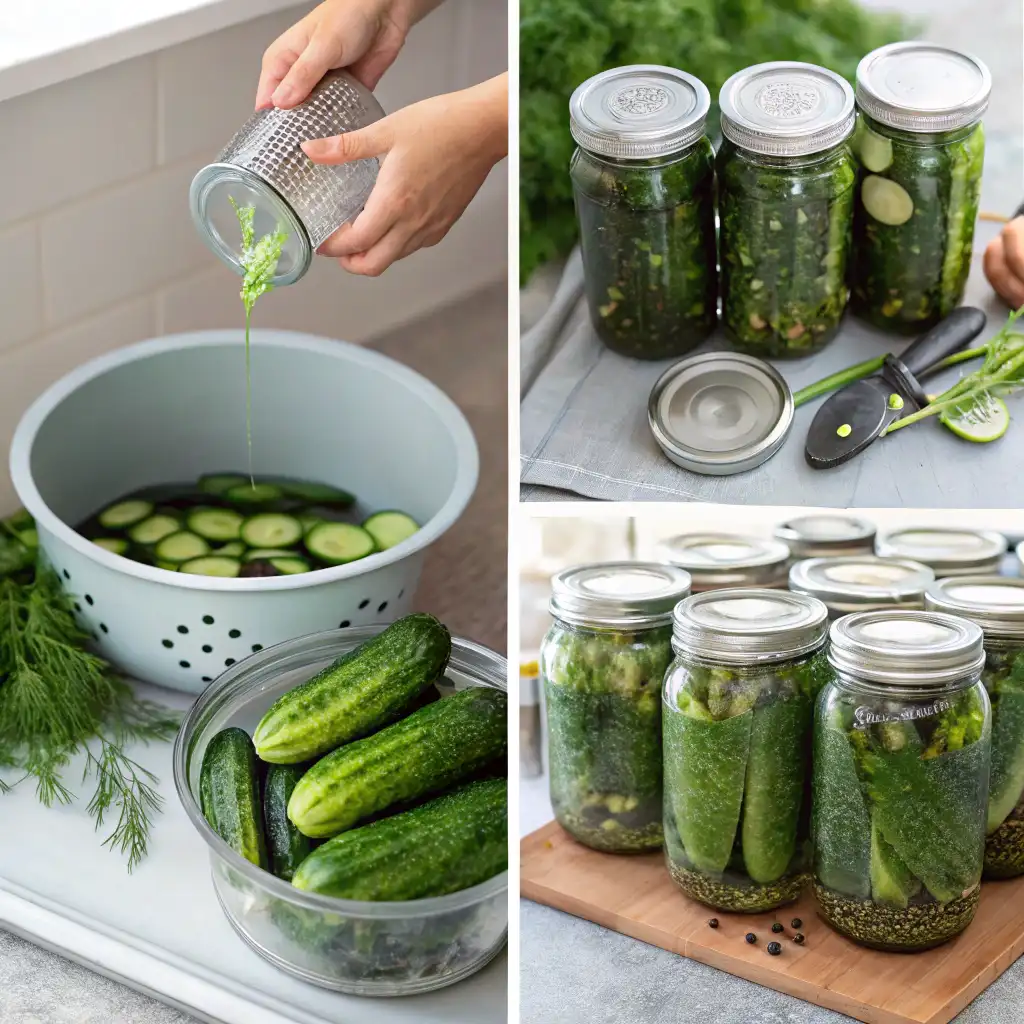 Step-by-step guide to canning cucumbers: (1) Preparing the brine and adding herbs, (2) Filling jars with cucumbers and brine, (3) Sealing the jars and arranging them for processing.