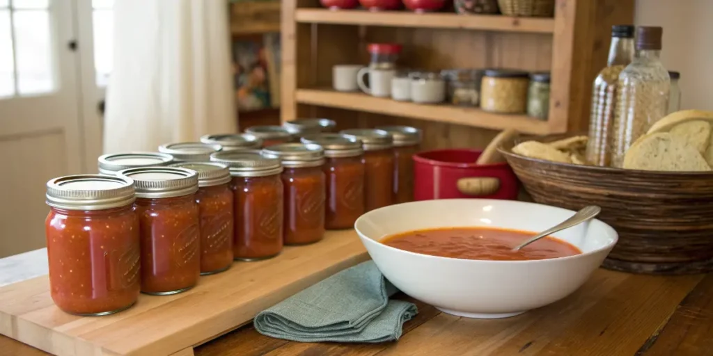 Neatly arranged jars of canned tomato soup on a wooden cutting board, with a bowl of freshly served soup nearby, illustrating proper methods for storing your canned tomato soup jars at home.