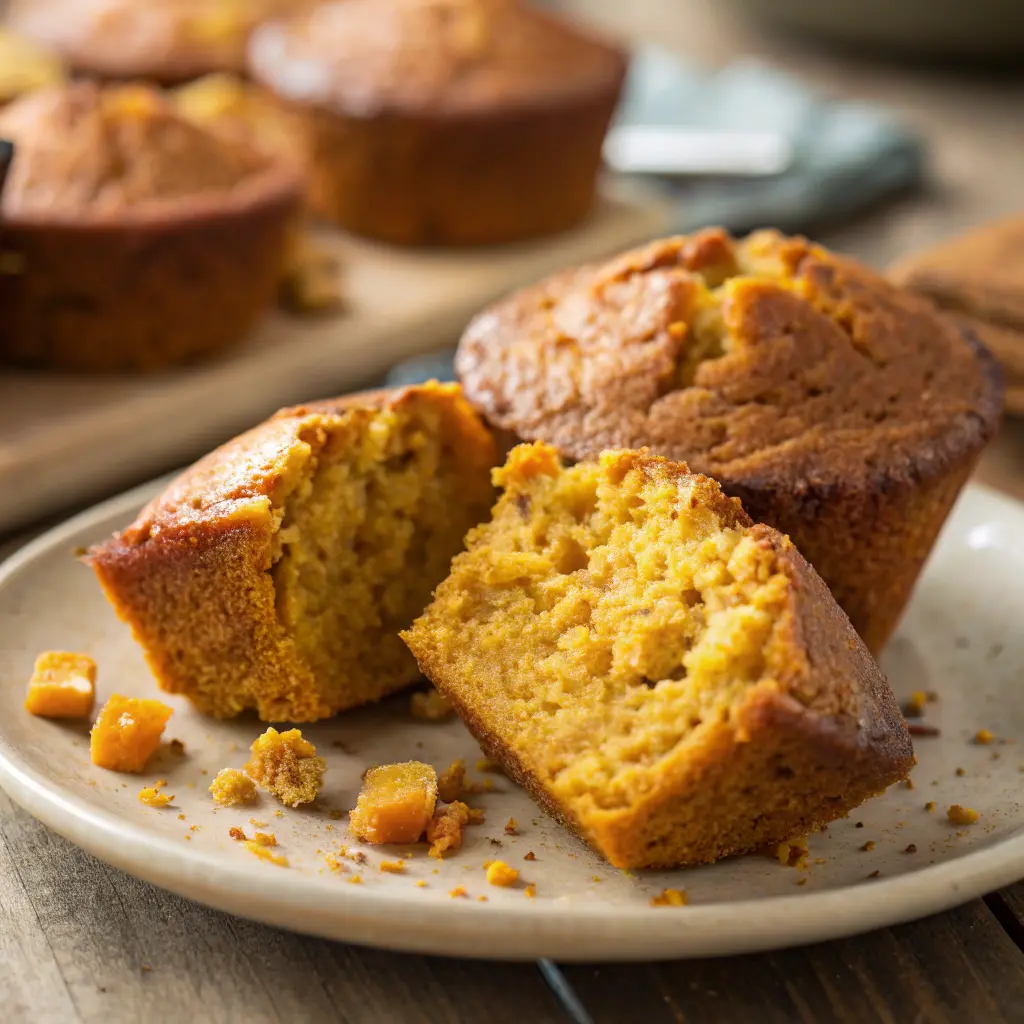 A plate of sweet potato cornbread muffins is displayed, with one muffin cut in half to reveal its moist, golden interior. Crumbs and small pieces of the muffin are scattered on the plate, adding to the rustic presentation. In the background, more muffins are visible, slightly out of focus, along with a blue cloth napkin. The overall scene suggests a warm, homemade treat. 