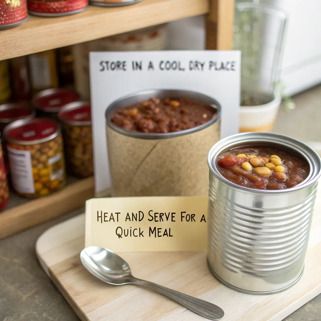 An open can of chili sits on a wooden cutting board next to a spoon, with a sign in the background reading 'STORE IN A COOL, DRY PLACE' and another sign in front stating 'HEAT AND SERVE FOR A QUICK MEAL.' The scene is set in a pantry with shelves stocked with canned goods.