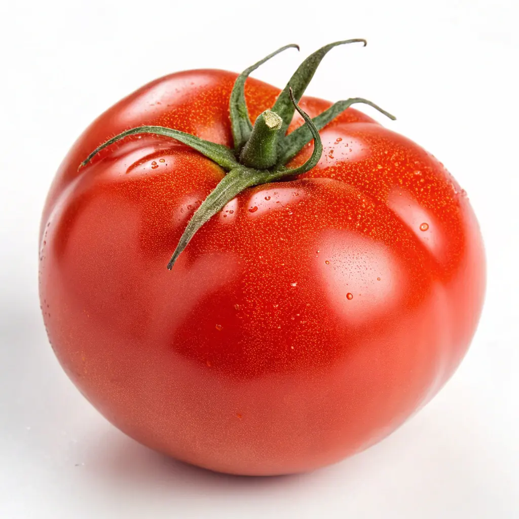 A vibrant, ripe red tomato is showcased against a clean white background. The tomato's smooth, glossy surface glistens with tiny water droplets, emphasizing its freshness. Its green stem and sepals are still attached, adding a natural touch to the image. The tomato's rich color and plump shape make it an appealing subject, perfect for culinary use or as a symbol of healthy eating. 