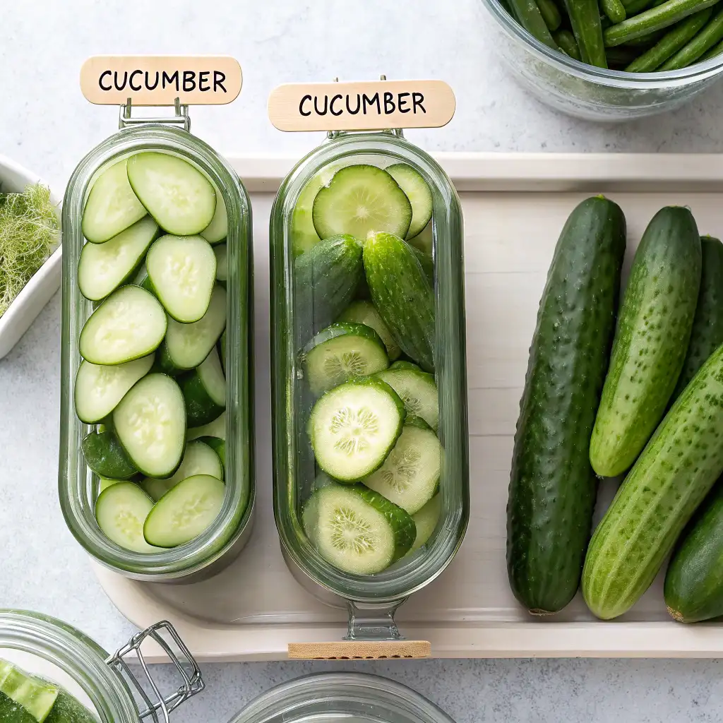 Two labeled glass jars filled with sliced cucumbers, alongside whole cucumbers on a tray, ready for canning at home.