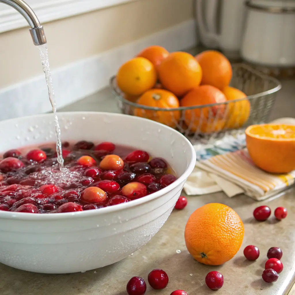 Fresh cranberries and orange being washed in a white ceramic bowl with water, with whole oranges in a glass bowl and a halved orange on a striped kitchen towel. The scene shows preparation for homemade cranberry orange juice or sauce on a light countertop.