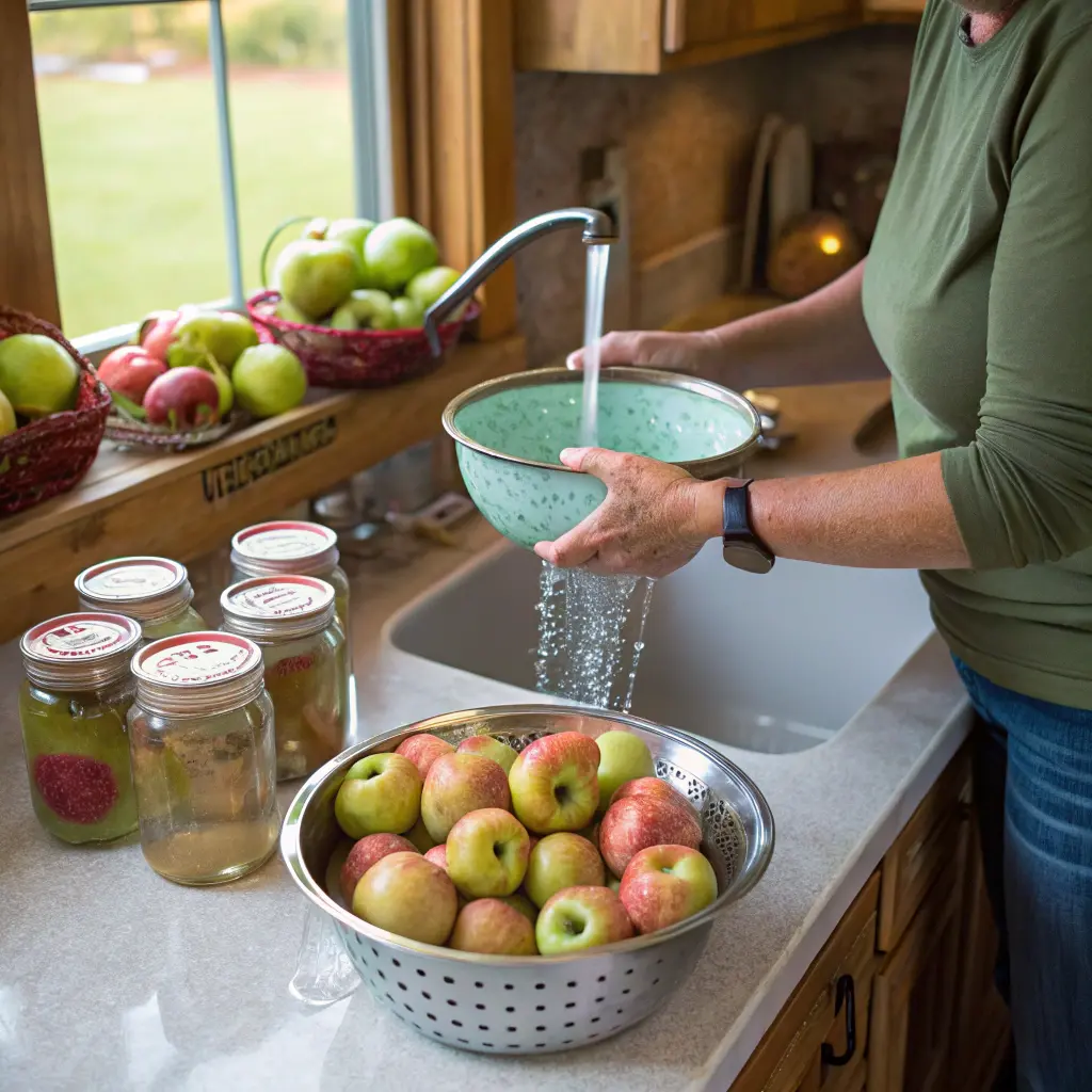 A woman washing and preparing apples for canning in a warm kitchen setting, with fresh apples being rinsed in a colander and sealed jars of preserves on the counter.