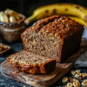 "Freshly baked banana bread made with two bananas, golden brown and moist