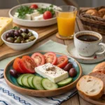 "A traditional Greek breakfast spread featuring fresh bread, olives, cheese, yogurt, honey, and a cup of Greek coffee